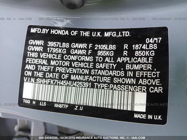 SHHFK7H45HU425391 - 2017 HONDA CIVIC SPORT 灰色 照片 9