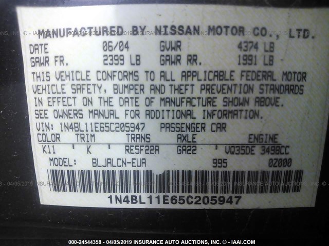 1N4BL11E65C205947 - 2005 NISSAN ALTIMA BLACK photo 9