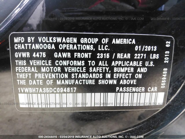 1VWBH7A35DC094817 - 2013 VOLKSWAGEN PASSAT SE BLACK photo 9