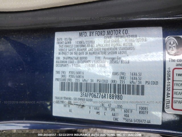 3FAFP06Z76R188980 - 2006 FORD FUSION S BLUE photo 9