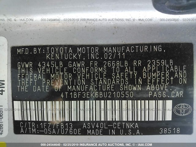 4T1BF3EK6BU210550 - 2011 TOYOTA CAMRY SE/LE/XLE 灰色 照片 9