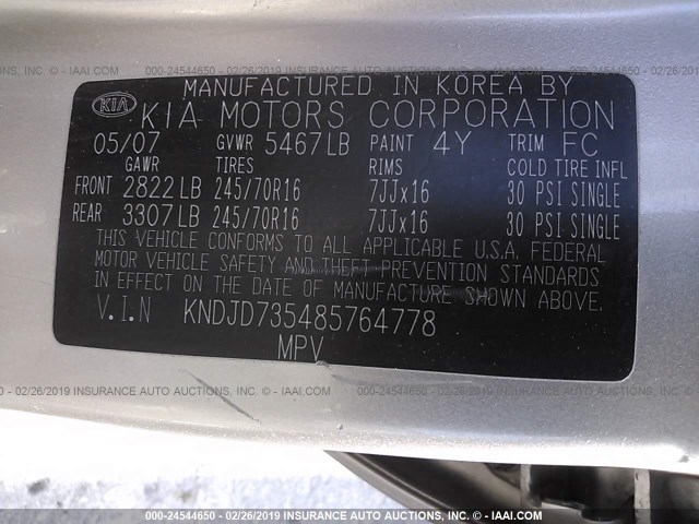 KNDJD735485764778 - 2008 KIA SORENTO EX/LX GOLD photo 9