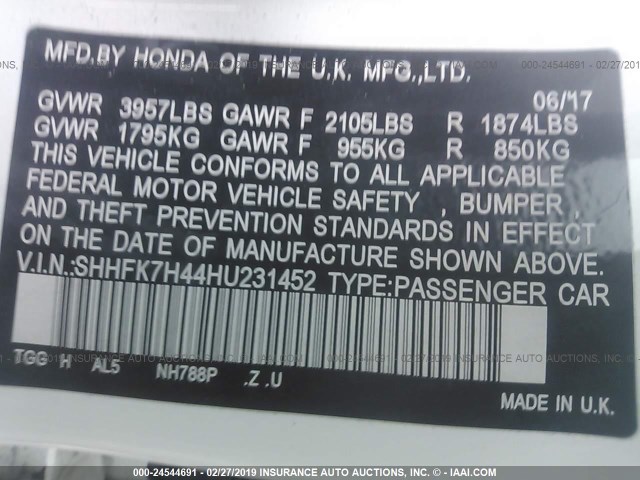 SHHFK7H44HU231452 - 2017 HONDA CIVIC SPORT 白色 照片 9