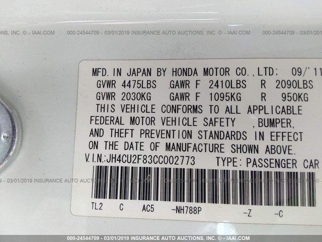 JH4CU2F83CC002773 - 2012 ACURA TSX SE WHITE photo 9