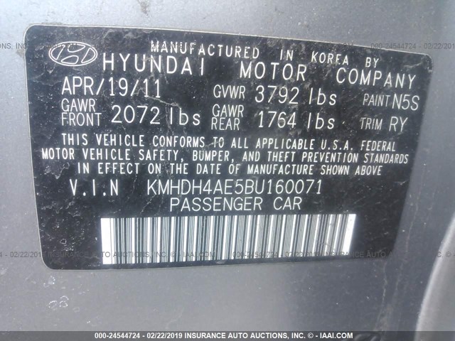 KMHDH4AE5BU160071 - 2011 HYUNDAI ELANTRA GLS/LIMITED GRAY photo 9