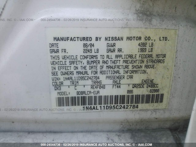 1N4AL11D95C242784 - 2005 NISSAN ALTIMA S/SL WHITE photo 9