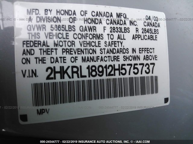 2HKRL18912H575737 - 2002 HONDA ODYSSEY EXL SILVER photo 9