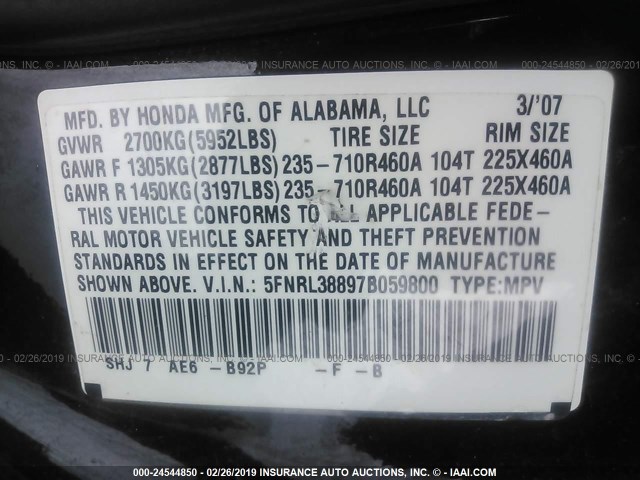 5FNRL38897B059800 - 2007 HONDA ODYSSEY TOURING BLACK photo 9