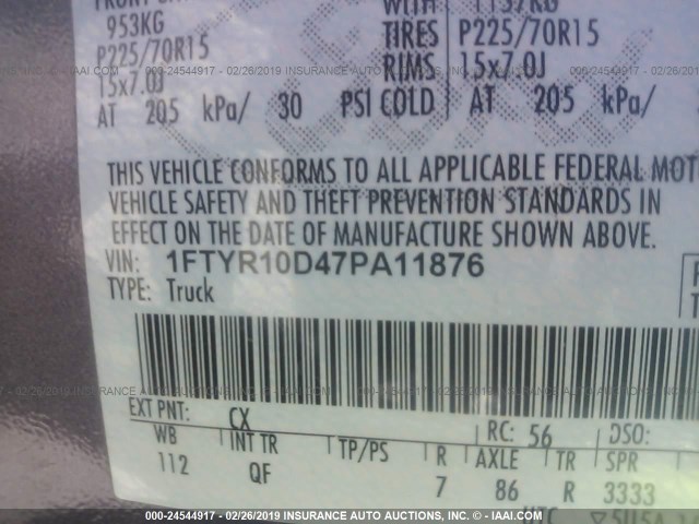 1FTYR10D47PA11876 - 2007 FORD RANGER GRAY photo 9