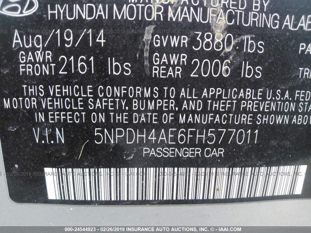 5NPDH4AE6FH577011 - 2015 HYUNDAI ELANTRA SE/SPORT/LIMITED SILVER photo 9