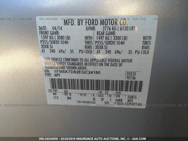 1FM5K7D82EGC24180 - 2014 FORD EXPLORER XLT SILVER photo 9