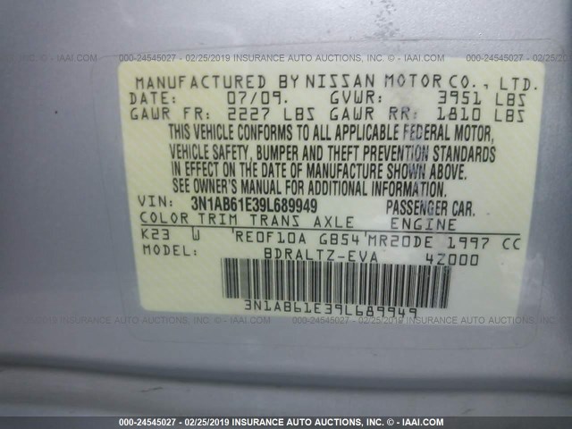 3N1AB61E39L689949 - 2009 NISSAN SENTRA 2.0/2.0S/2.0SL SILVER photo 9