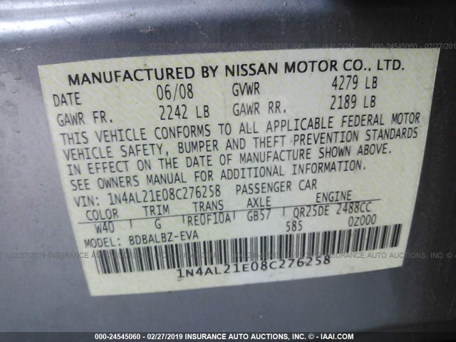 1N4AL21E08C276258 - 2008 NISSAN ALTIMA 2.5/2.5S GRAY photo 9