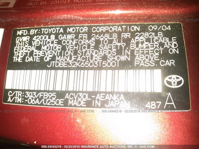 JTDBE32K650315001 - 2005 TOYOTA CAMRY LE/XLE/SE RED photo 9