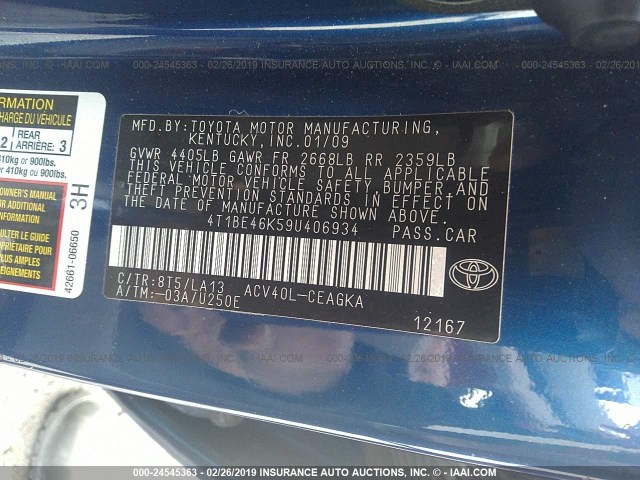 4T1BE46K59U406934 - 2009 TOYOTA CAMRY SE/LE/XLE BLUE photo 9