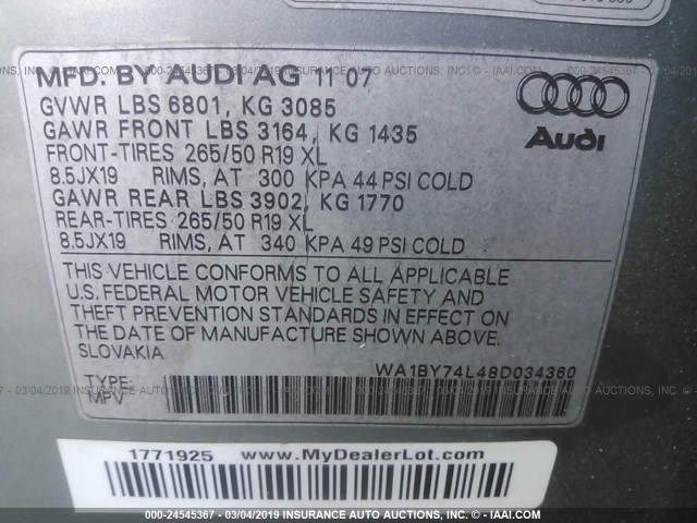 WA1BY74L48D034360 - 2008 AUDI Q7 3.6 QUATTRO PREMIUM SILVER photo 9