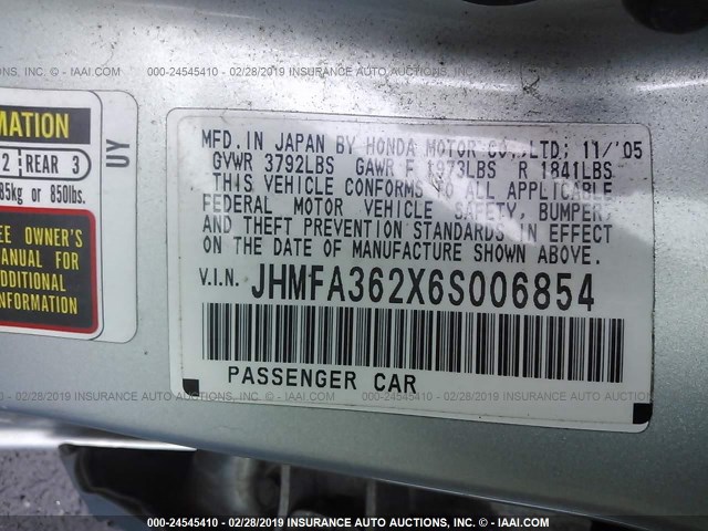 JHMFA362X6S006854 - 2006 HONDA CIVIC HYBRID BLUE photo 9