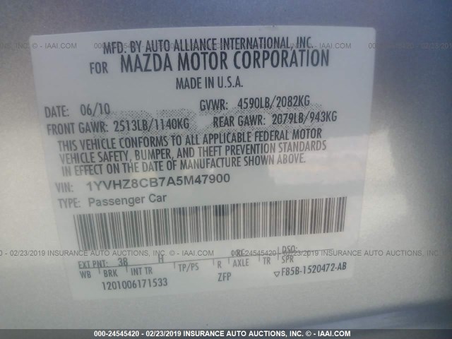 1YVHZ8CB7A5M47900 - 2010 MAZDA 6 S GRAY photo 9