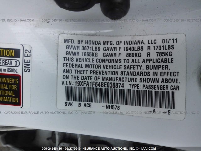 19XFA1F64BE036874 - 2011 HONDA CIVIC LX-S Ağ foto 9