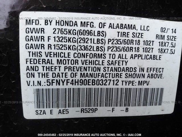 5FNYF4H90EB032712 - 2014 HONDA PILOT TOURING PURPLE photo 9