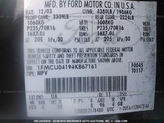 1FMCU04194KB67161 - 2004 FORD ESCAPE LIMITED BLACK photo 9