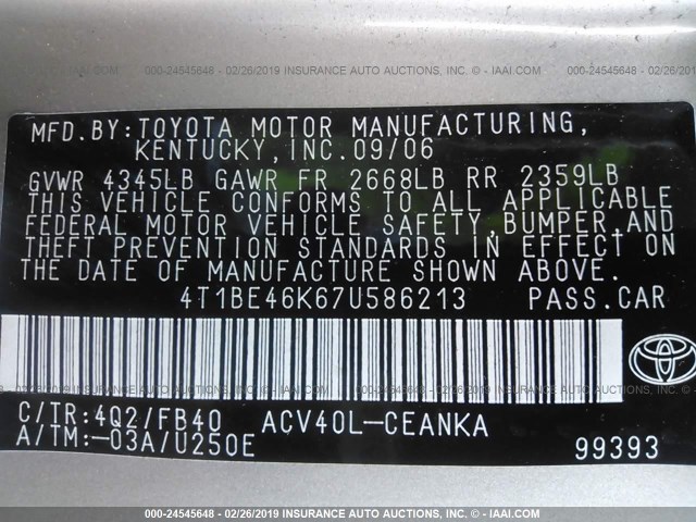 4T1BE46K67U586213 - 2007 TOYOTA CAMRY NEW GENERAT CE/LE/XLE/SE TAN photo 9
