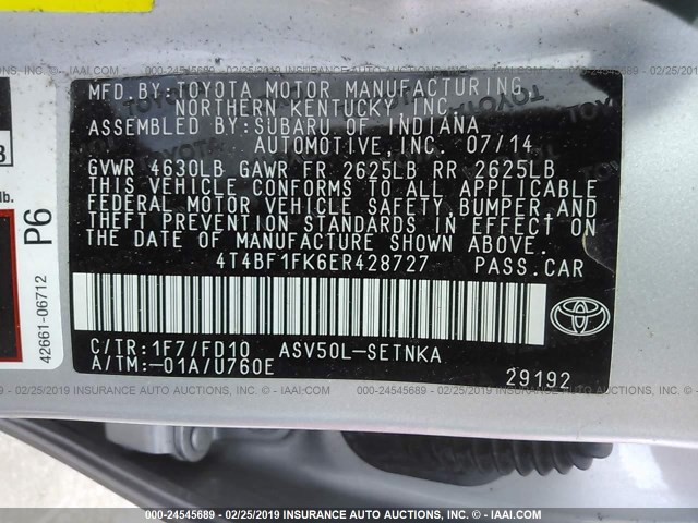 4T4BF1FK6ER428727 - 2014 TOYOTA CAMRY L/SE/LE/XLE 银色 照片 9