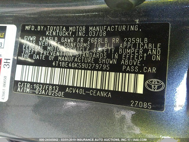 4T1BE46K59U279795 - 2009 TOYOTA CAMRY SE/LE/XLE GRAY photo 9