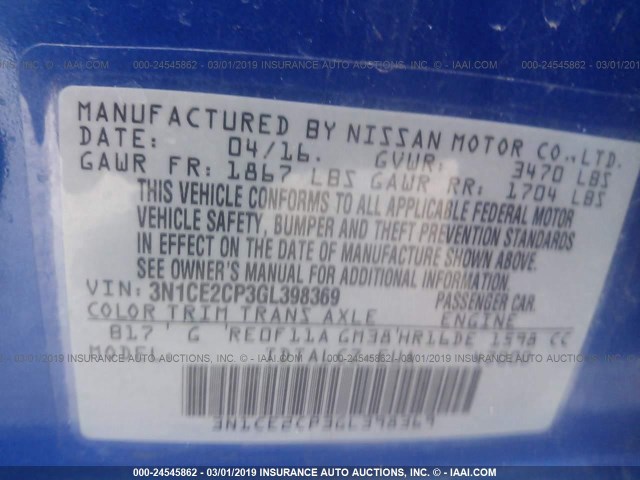 3N1CE2CP3GL398369 - 2016 NISSAN VERSA NOTE S/S PLUS/SV/SL/SR BLUE photo 9