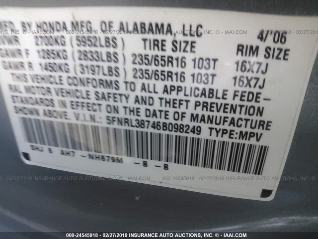 5FNRL38746B098249 - 2006 HONDA ODYSSEY EXL SILVER photo 9