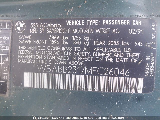 WBABB2317MEC26046 - 1991 BMW 325 IC AUTOMATIC GREEN photo 9