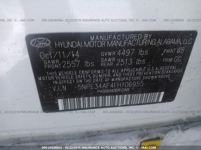 5NPE34AF4FH106955 - 2015 HYUNDAI SONATA SPORT/LIMITED WHITE photo 9