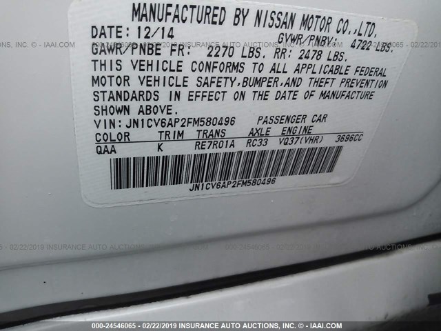 JN1CV6AP2FM580496 - 2015 INFINITI Q40 WHITE photo 9