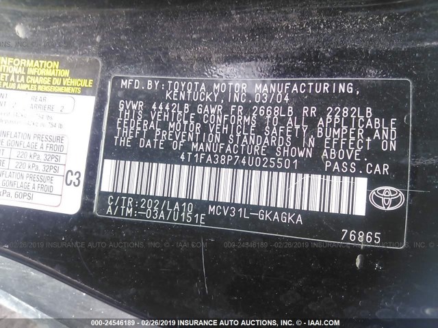 4T1FA38P74U025501 - 2004 TOYOTA CAMRY SOLARA SE/SLE BLACK photo 9