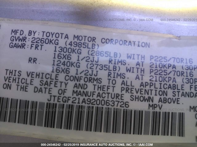 JTEGF21A920063726 - 2002 TOYOTA HIGHLANDER LIMITED SILVER photo 9