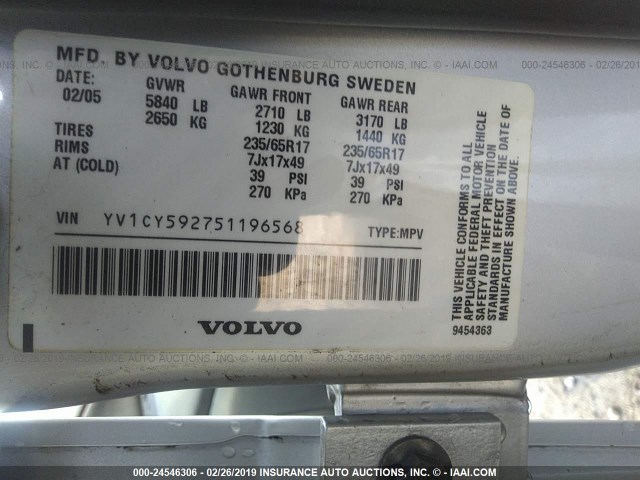 YV1CY592751196568 - 2005 VOLVO XC90 SILVER photo 9