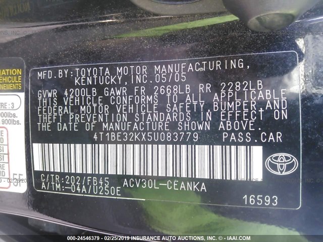 4T1BE32KX5U083779 - 2005 TOYOTA CAMRY LE/XLE/SE BLACK photo 9