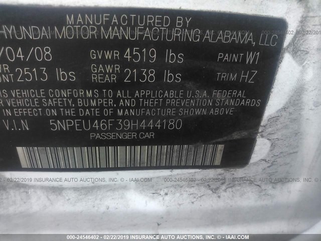 5NPEU46F39H444180 - 2009 HYUNDAI SONATA SE/LIMITED WHITE photo 9