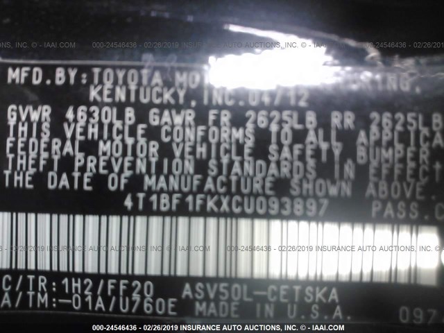 4T1BF1FKXCU093897 - 2012 TOYOTA CAMRY SE/LE/XLE 黑色 照片 9