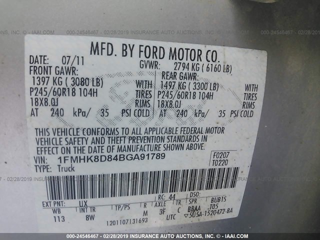 1FMHK8D84BGA91789 - 2011 FORD EXPLORER XLT SILVER photo 9