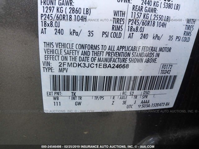 2FMDK3JC1EBA24668 - 2014 FORD EDGE SEL GRAY photo 9