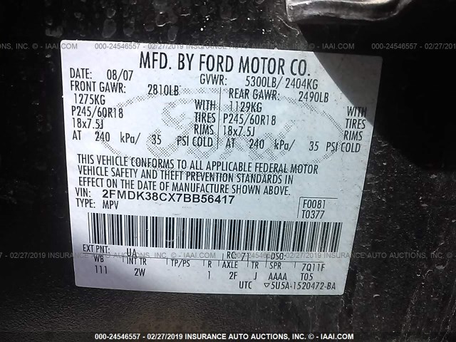 2FMDK38CX7BB56417 - 2007 FORD EDGE SEL BLACK photo 9