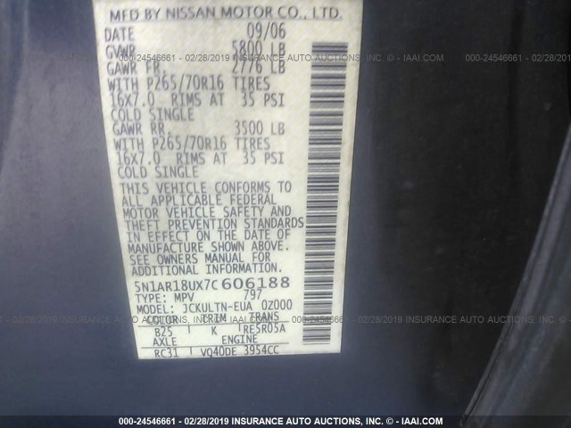 5N1AR18UX7C606188 - 2007 NISSAN PATHFINDER LE/SE/XE BLUE photo 9