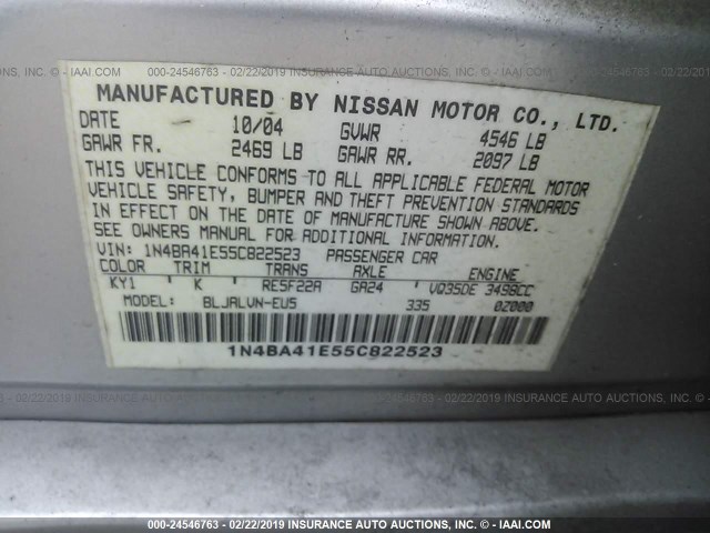 1N4BA41E55C822523 - 2005 NISSAN MAXIMA SE/SL SILVER photo 9