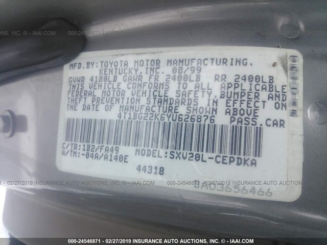 4T1BG22K6YU626876 - 2000 TOYOTA CAMRY CE/LE/XLE GRAY photo 9