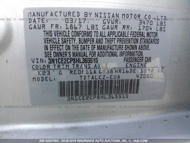 3N1CE2CP8HL365515 - 2017 NISSAN VERSA NOTE S/S PLUS/SV/SL/SR SILVER photo 9