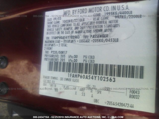 1FAHP60A54Y102563 - 2004 FORD THUNDERBIRD  RED photo 9
