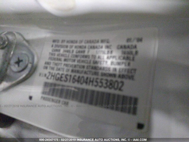 2HGES16404H553802 - 2004 HONDA CIVIC DX WHITE photo 9