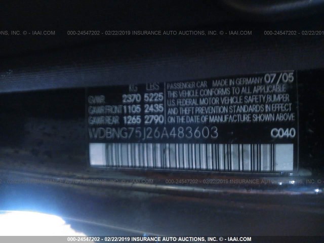 WDBNG75J26A483603 - 2006 MERCEDES-BENZ S 500 BLACK photo 9