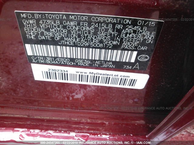 JTHCE1D29F5008172 - 2015 LEXUS IS 350 RED photo 9